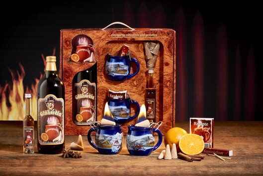 Feuerzangentasse Geschenkset, Wurzelholz Blau/Winter