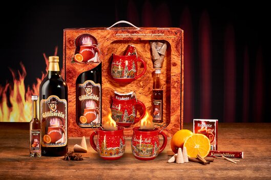 Feuerzangentasse Geschenkset, Wurzelholz Rot/Historischer Markt