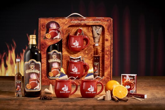 Feuerzangentasse Geschenkset, Wurzelholz Rot/Hanse Feuer